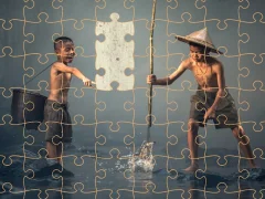 Cluiche Children Fishing Teamwork Jigsaw ar líne